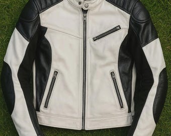 Men’s Black & White Leather Biker Jacket, Slim Fit Motorcycle Jacket with Quilted Shoulders, Genuine Leather.