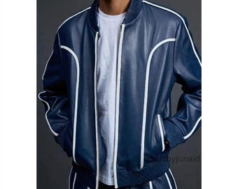 Men’s Brayden Navy & White Leather Tracksuit | Genuine Lambskin Leather Sweatsuit | Luxury Sport Style Set.