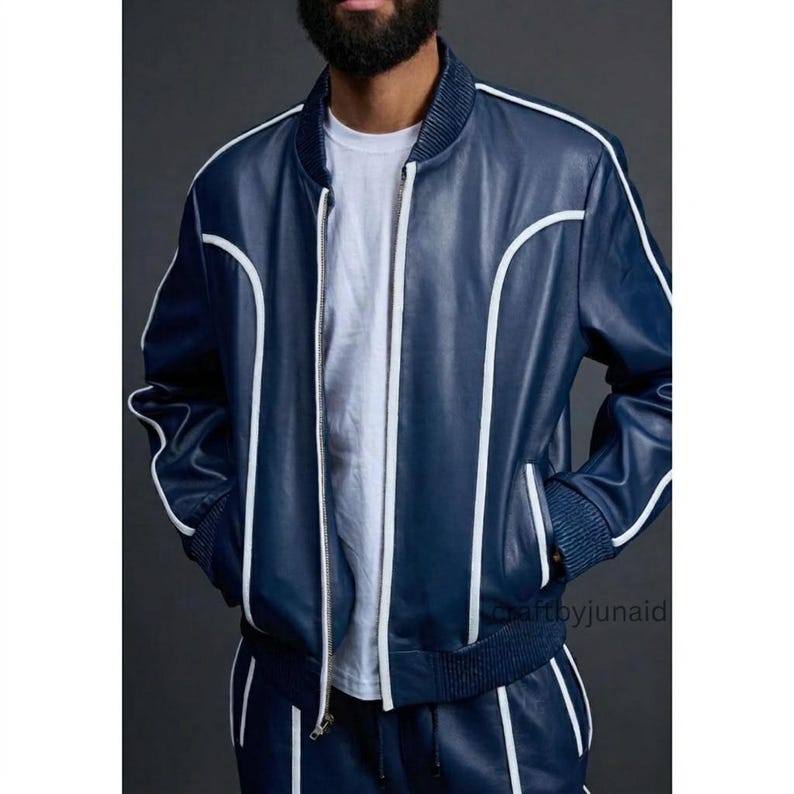 Men’s Brayden Navy & White Leather Tracksuit | Genuine Lambskin Leather Sweatsuit | Luxury Sport Style Set.