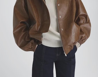 Oversized Genuine Leather Bomber Jacket: Y2K Biker Style