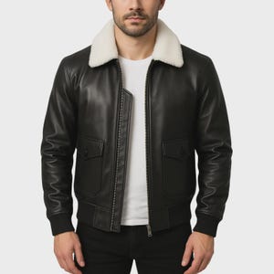 Men’s Real Leather Biker Jacket , Faux Fur Collar Bomber Style , Classic Aviator Look , Warm Winter Outerwear, Genuine leather jacket.