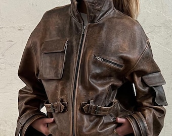 Giacca da donna in pelle marrone vintage effetto invecchiato – Cappotto corto in stile bomber con fibbie regolabili – Capospalla in vera pelle – regalo per lei.