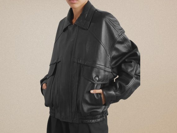 Oversized Women Leather Jacket, Vintage 90's Leather Bomber Jacket