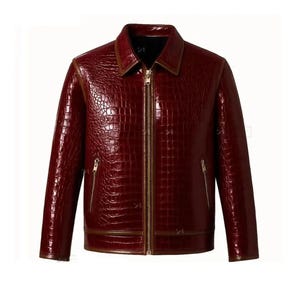 Burgundy Crocodile Embossed Leather Bomber Jacket: Unisex Vintage Style