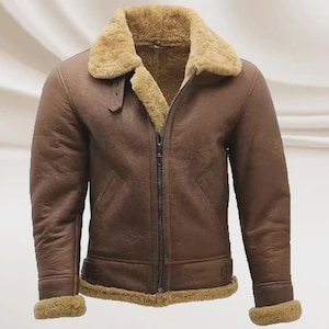 Men&#39;s B3 Shearling Bomber Jacket, Brown Real Sheepskin Leather Aviator Coat, Warm Fur Winter Jacket, Gift for Him, Shearling Genuine leather