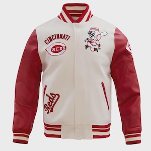 Kurtka uniwersytecka Cincinnati Reds: skórzana kurtka letterman w kolorze złamanej bieli i czerwieni