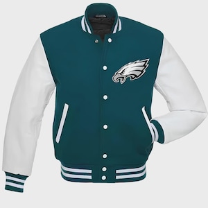 Kurtka uniwersytecka Philadelphia Eagles: zielona wełna i białe skórzane rękawy