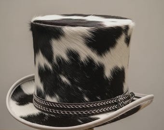 Handmade Hair-On Cowhide Leather Top Hat – Western Steampunk Black & White Hide Hat.