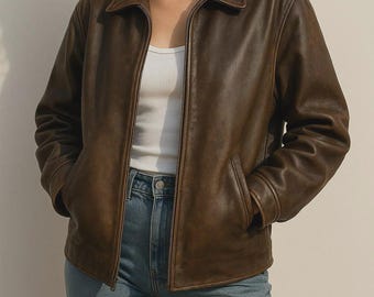 Personalisierte braune Schaffell-Lederjacke, Distressed Bikermantel