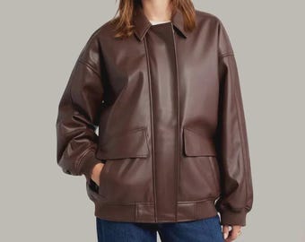 Women's Oversized Brown Leather Bomber Jacket | Handmade Genuine Leather Coat | Winter Vintage Style Outerwear | Gift for Her.