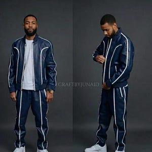 Men’s Brayden Navy & White Leather Tracksuit | Genuine Lambskin Leather Sweatsuit | Luxury Sport Style Set.