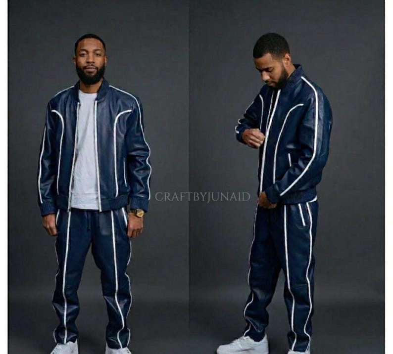Men’s Brayden Navy & White Leather Tracksuit | Genuine Lambskin Leather Sweatsuit | Luxury Sport Style Set.