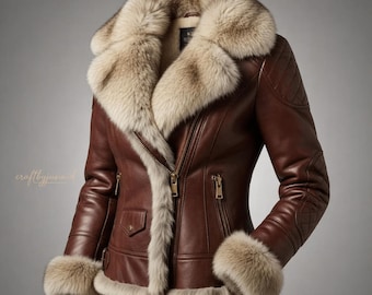 Könnte beinhalten: Braune Lederjacke mit großem Pelzkragen und Manschetten. Die Jacke hat einen diagonalen Reißverschluss, zwei Vordertaschen und eine Steppung an den Schultern. Das Fell ist eine Mischung aus hellbraunen und cremefarbenen Farben.