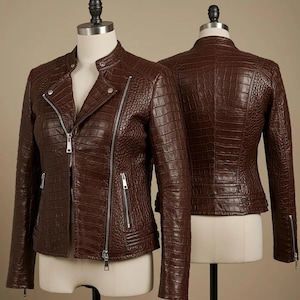 Women’s Brown Crocodile Pattern Leather Jacket – Real Leather, Premium Quality, Stylish Bold Outerwear, Best Gift for her.