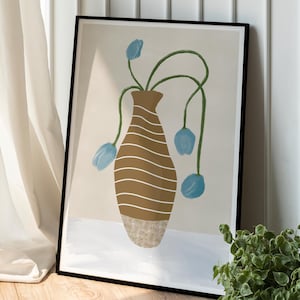 minimalist Painting vase wall art blue floral print abstract flower wall art brown pottery decor modern vase wall decor for living room
