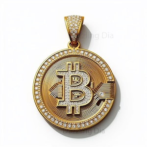 Moissanite Bitcoin Pendant: 14K Gold Plated Crypto Necklace