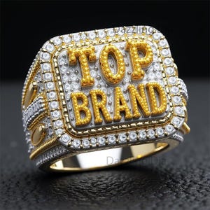 Men&#39;s Square Signet Ring - 14K Gold Accent 925 Silver Moissanite Hip Hop Statement Ring Luxury Men&#39;s Ring Diamond Letter Ring Birthday Gift
