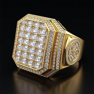 Moissanite Diamond Square Statement Ring | Hip-Hop Men&#39;s Moissanite Ring | Anniversary Gift for Him | Moissanite Men Ring Gift for Man