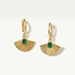 Art Deco Emerald Green Fan Earrings: 14K Gold Plated Sterling Silver