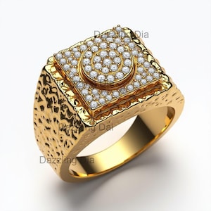 Men&#39;s Moissanite Diamond Ring | 14K Gold Plated | Moissanite Square Signet Ring | unique Hip Hop Statement Ring | Gift for him