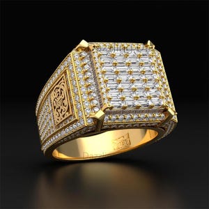 Men's Iced Out Moissanite Ring, 14K Gold Plated Sterling Silver, Hip Hop Jewelry