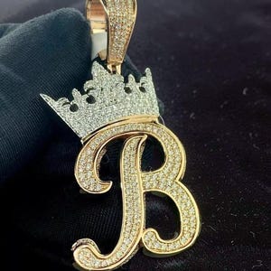 Iced Out Crown Initial B Pendant | Two-Tone Sterling Silver Script Charm