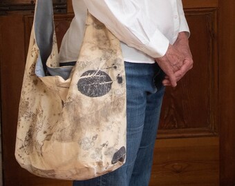 Ecoprinted and lined cross shoulder bag, bespoke, handbag, shopper, gift, sustainable