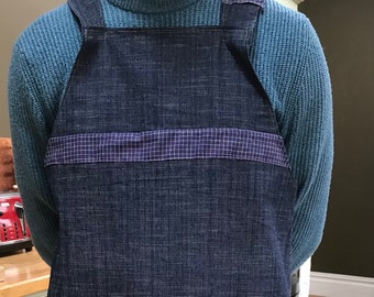 Cross- back Apron or Dress, pinafore dress, in upcycled denim, with striped detailing and pockets, large size, one -off, unisex