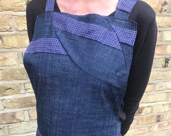 No waste cross- back designer upcycled denim apron dress/pinafore dress, with blue and white checked detailing, and pockets, one size