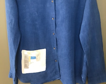 Women's upcycled pure linen long sleeved blue shirt/blouse, bespoke, one of a kind, with designer pocket