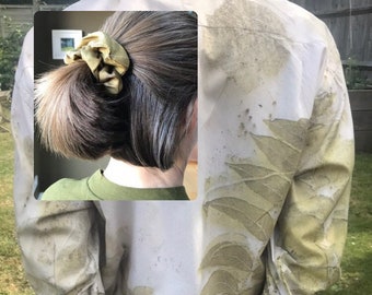 Matching statement Upcycled Ecoprint white cotton shirt, with luxury pure silk scrunchie pairing, olive tones, gift for her