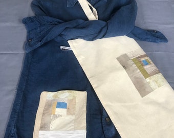 Matching bespoke upcycled linen blouse and calico tote bag pair with naturally dyed design feature patchwork panel, gift for her, unique.