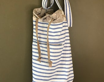 Large eco-printed & striped canvas duffle bag, shoulder bag, weekend bag, with drawstring, adjustable straps, lined, bespoke, sustainable