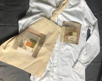 Pure cotton white shirt and matching calico tote bag pair, with handmade designer patchwork panel and pocket, unisex, gift, unique