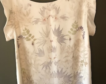 Ecoprinted silk blouse on cream background, with short sleeves, one of a kind, floral leaf prints, occasion- wear, large size, gift