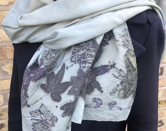 Luxury large one- off Ecoprint silk shawl dyed with Indigo dye, handmade, with hand sewn rolled edges