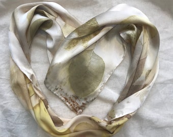 Pure Satin silk scarf, Ecoprinted with plant dyes in mellow yellow, blue- green and brown tones, hand- rolled edges. For gifting