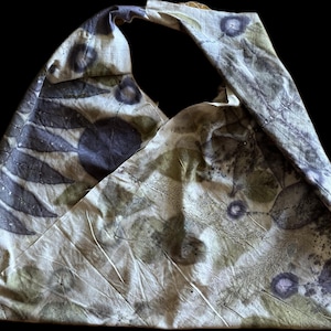 Unique pre-prepared ecoprinted Fabric, with an online tutorial to make a large DIY Japanese- style triangle tote bag; Easy to make