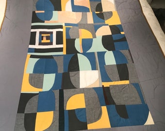 Blue, yellow, grey, aqua, squashed curves quilt, with plant dyed fabrics, in linen and cotton, bed throw, quilt or wallhanging