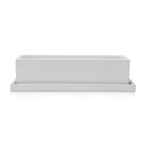 May include: A rectangular, white planter box with a matching rectangular base. The planter is a solid, light gray color and has a simple, modern design. The planter is suitable for indoor or outdoor use.