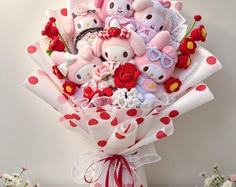 Hello Kitty Graduation Crochet Bouquet, Sanrio Plush My Melody Gift for Her, Flowers Arrangement Valentine Gift, Birthday Anniversary Gift