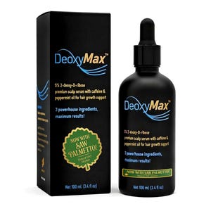May include: A black bottle of DeoxyMax premium scalp serum with a dropper, next to a black box. The bottle and box have white text that reads "5% 2-deoxy-D-ribose premium scalp serum with caffeine & peppermint oil for hair growth support". The bottle contains 100 ml (3.4 fl oz).