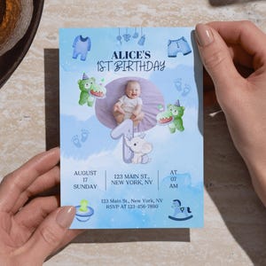 Blue Baby Birthday Invite | Elephant & Bear Theme | Printable Birthday Card for Any Age | Editable Template | Cute Baby Party Invitation