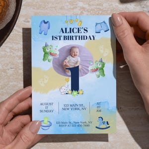 Elephant and Bear Birthday Invitation, Blue Baby Party Template, Editable Canva Invite for Any Age, Printable Cute Baby Card