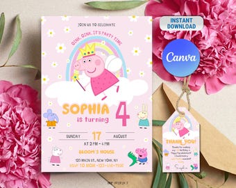 Editable Peppa Pig Birthday Invite, Peppa Pig Theme Birthday, Printable Birthday Card for Girl, Fairy Theme Party, Digital Canva Template