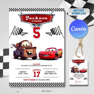 Editable Lightning McQueen & Mater Birthday Invitation, Digital Cars Themed Second Birthday Invitation, Cars 2nd Birthday Party for Boys
