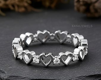 Sterling Silver Heart Eternity Band Ring with Round Cut Sparkling Accents