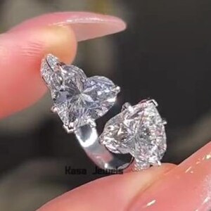 Double Heart Moissanite Ring | Open Heart Promise Ring for Her | Adjustable Pave Band Couple Ring | Sterling Silver Gift Jewelry