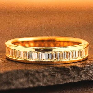 Baguette Moissanite Half Eternity Ring: 10K or 14K Yellow Gold Wedding Band