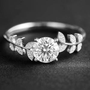 Moissanite Leaf Vine Engagement Ring: Sterling Silver Botanical Wedding Band